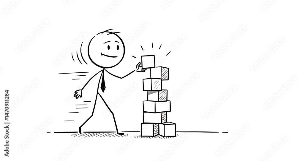 Fototapeta premium Stick figure constructing a stack of cubes, symbolizing achievement and progress