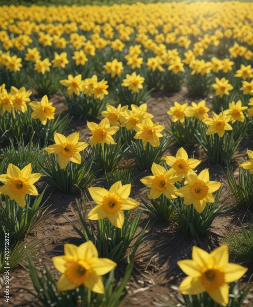 Vibrant yellow daffodils carpet a sunlit field , spring, grass Vibrant yellow daffodils carpet a sunlit field , spring, grass
