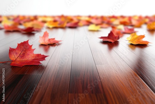 Fototapeta Naklejka Na Ścianę i Meble -  Autumn leaves scattered on a dark hardwood floor, creating a cozy fall scene.