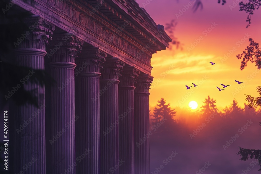 Obraz premium Majestic ancient columns at sunset, birds flying overhead, serene and peaceful atmosphere.