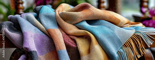 Elegant shawl draped on a mannequin A cozy, colorful scarf draped over a chair, showcasing beautiful woven patterns and textures, perfect for autumn or winter fashion.