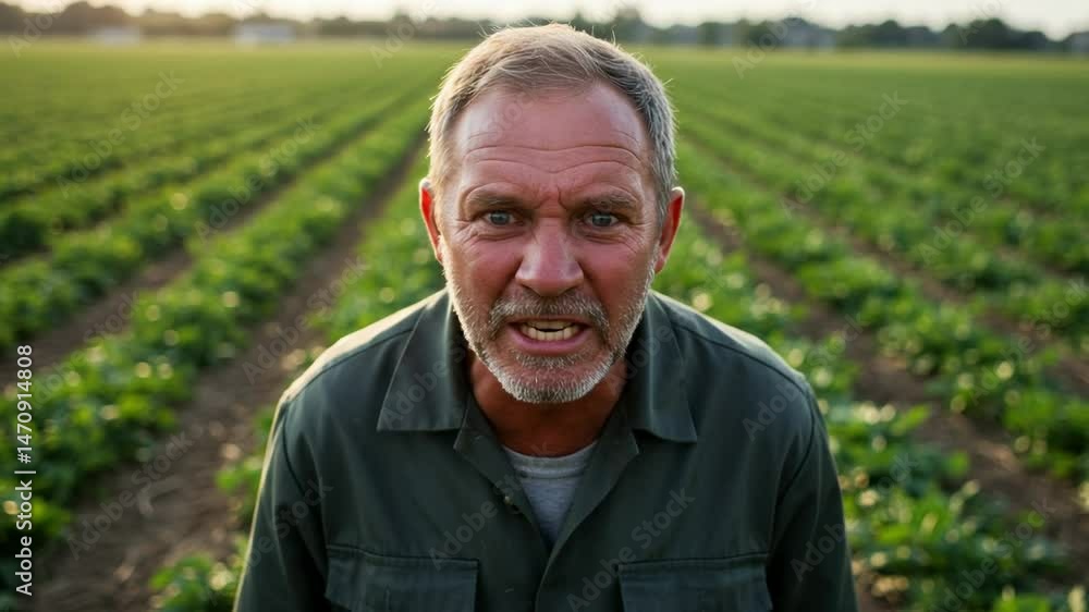 Angry Middle-Aged Man Shouting in a Lush Green Field during Sunset, Reflecting Frustration in Agriculture and Labor Challenges Angry Middle-Aged Man Shouting in a Lush Green Field during Sunset, Reflecting Frustration in Agriculture and Labor Challenges