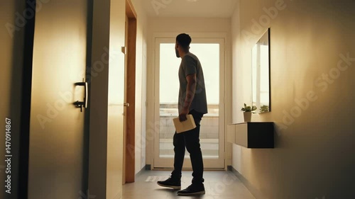 Young Man Anxiously Holding Toilet Paper Near Closed Bathroom Door
