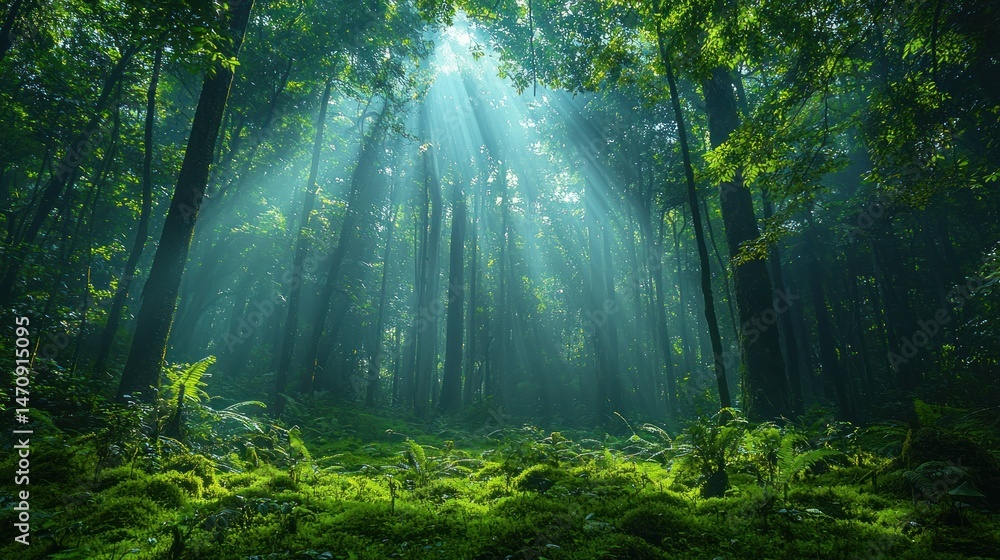 Obraz premium Sunlight streams through lush, green forest