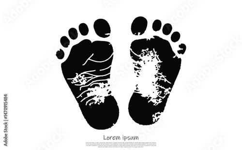 Textured Footprints Isolated on White, Human Bare Footprint Stamp, Black Ink Prints
