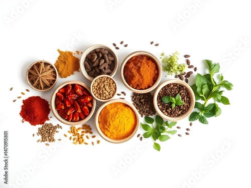 bowls with spices and herbs on white
