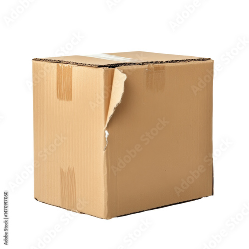 Brown Cardboard Box with Torn Edge on White  Isolated on transparent background