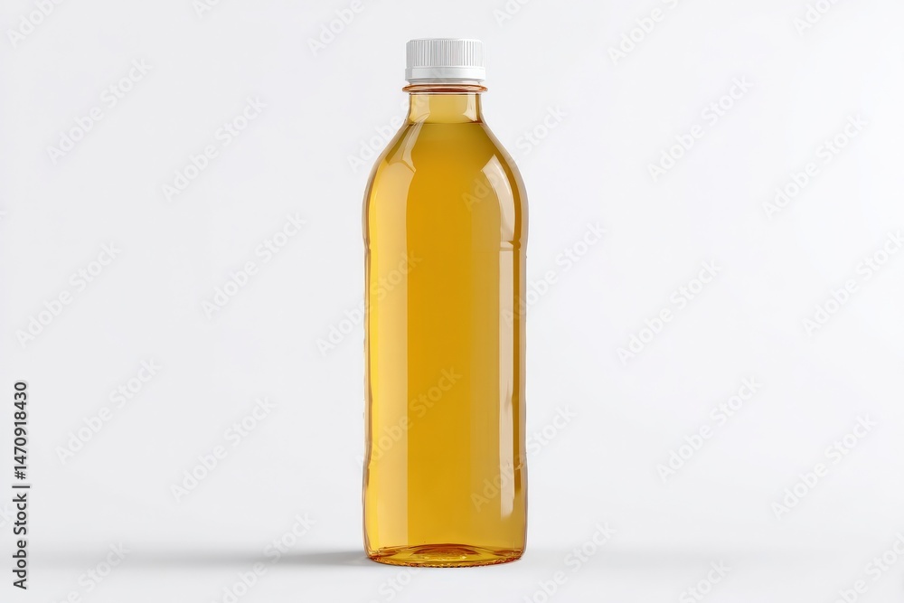 Amber liquid in a clear plastic bottle with a white cap against a white background. Amber liquid in a clear plastic bottle with a white cap against a white background.