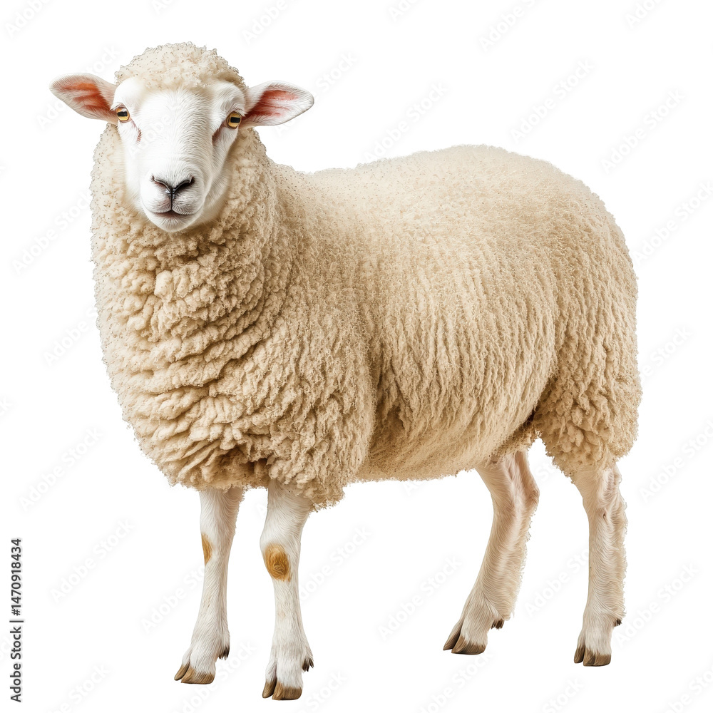 Fototapeta premium Isolated sheep portrait on transparent background, domestic animal standing peacefully