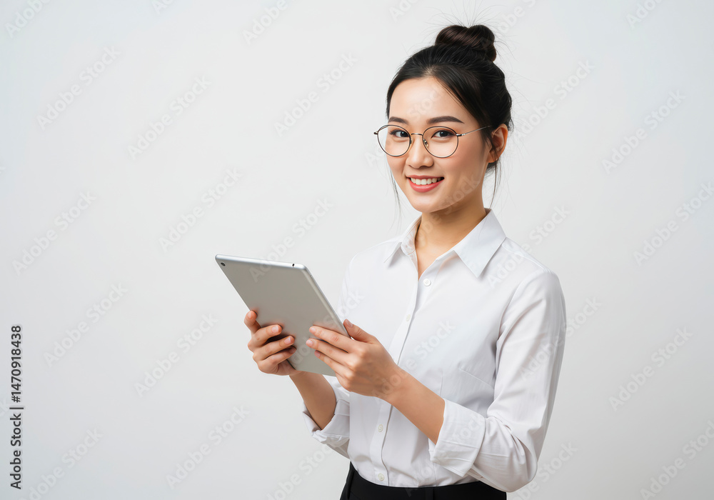 Confident Young Asian Businesswoman Using Tablet Happy Expression Modern Office Workplace Confident Young Asian Businesswoman Using Tablet Happy Expression Modern Office Workplace