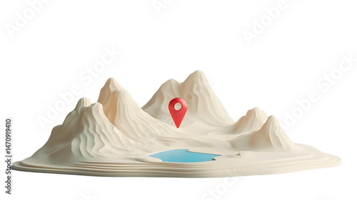 Stylized 3D Mountain Landscape with Location Pin on transparent or white background.