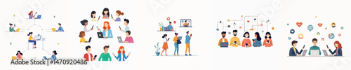 Modern People Communicating and Collaborating through Digital Technology in Flat Vector Style