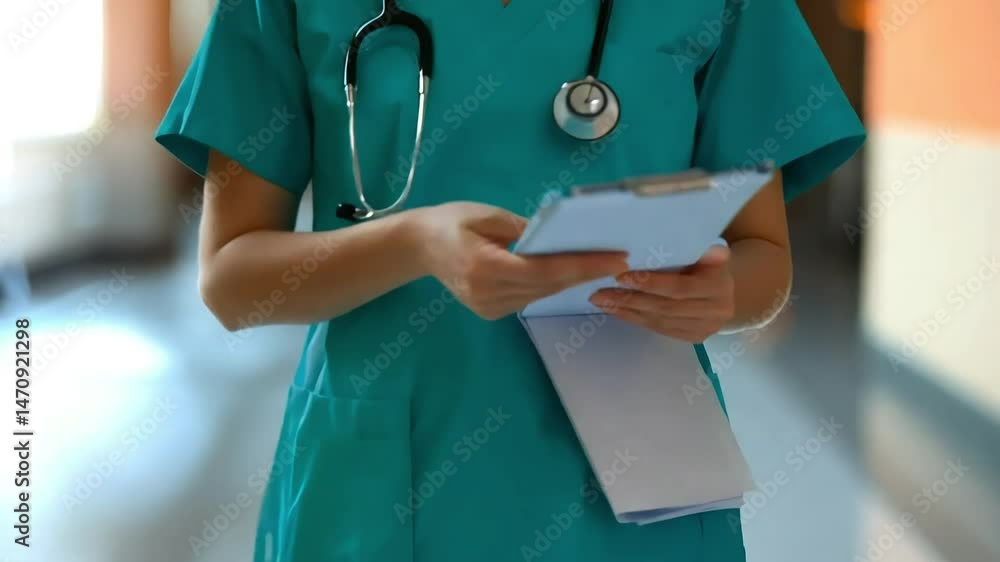 Nurse reviewing medical charts in hospital Nurse reviewing medical charts in hospital