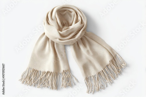 Soft, beige pashmina scarf with delicate fringe. Perfect for adding a touch of elegance to any outfit.