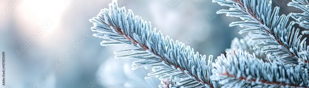 Shivering Cold in a Snow-Covered Winter Landscape, Frosted evergreen branch against a soft, blurred background.