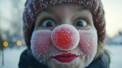 Shivering Cold in a Snow-Covered Winter Landscape, Frosted face with playful expression in a winter setting.