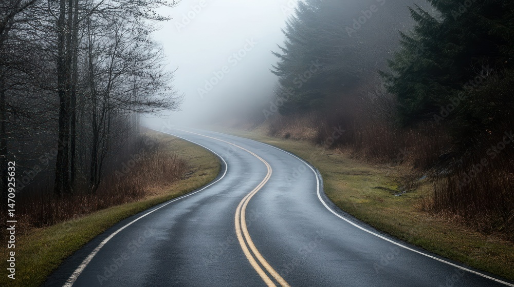 A winding road through the woods in a hazy atmospheric environment A winding road through the woods in a hazy atmospheric environment