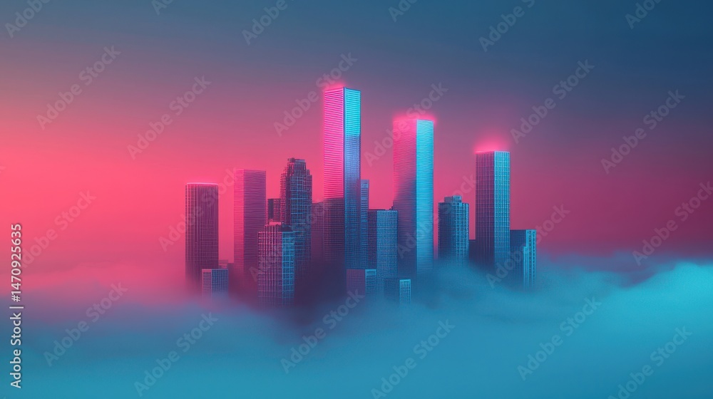 Fototapeta premium Futuristic cityscape emerging from colorful fog at dawn with vibrant pink and blue lighting effects