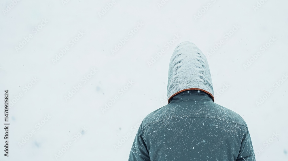 Shivering Cold in a Snow-Covered Winter Landscape, Person in a snowy landscape wearing a hooded jacket.