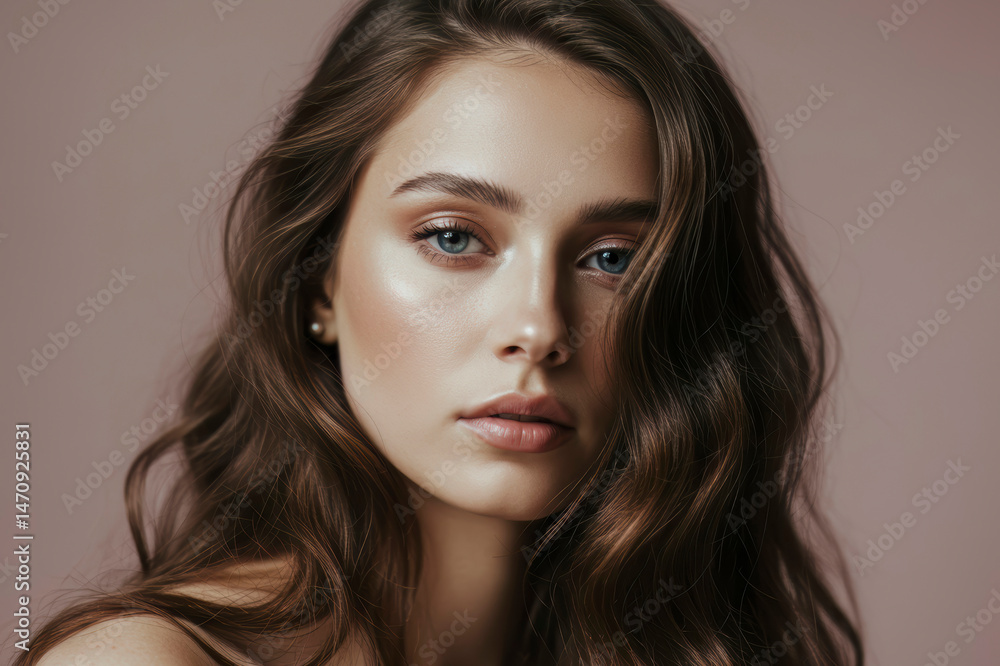Beautiful Woman Portrait Soft Makeup Long Brown Hair Studio Shot Beautiful Woman Portrait Soft Makeup Long Brown Hair Studio Shot
