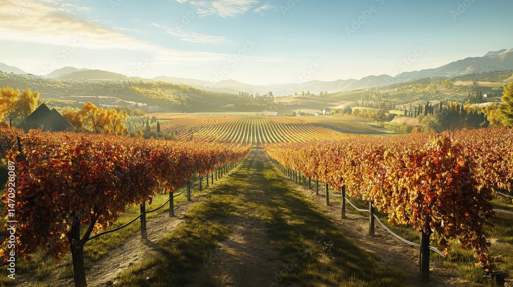 Naklejka premium Expansive vineyard vista in autumnal splendor.