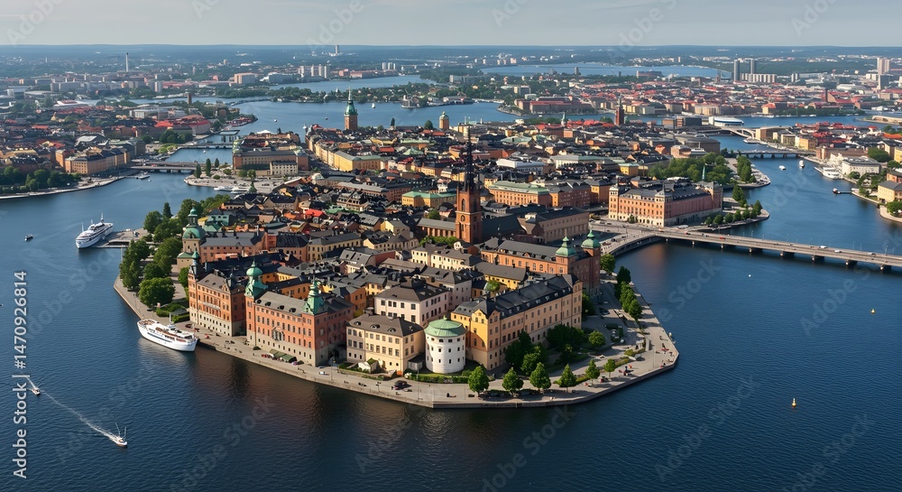 Obraz premium Aerial View of Cityscape with Waterways and Historic Buildings