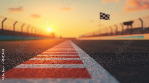 Scenic Sunset Over Racetrack with Vibrant Checkered Flag and Track Markings in Background
