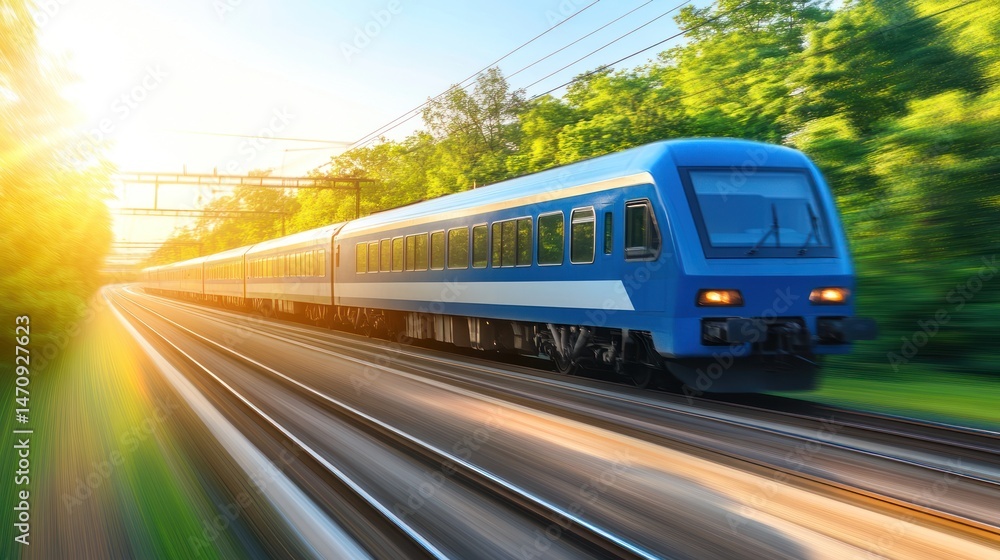 Naklejka premium Blue train speeding through lush summer countryside. Possible use Stock photo for travel and transportation