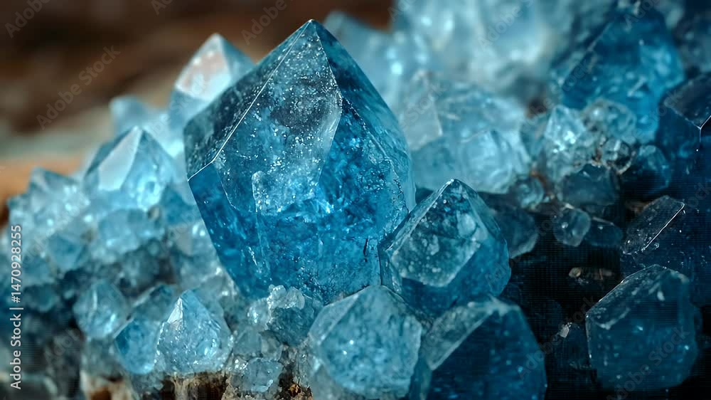 Close Up of Angular Blue Crystal Clusters with Sharp Edges and Faceted Surfaces on a Neutral Textured Background Close Up of Angular Blue Crystal Clusters with Sharp Edges and Faceted Surfaces on a Neutral Textured Background