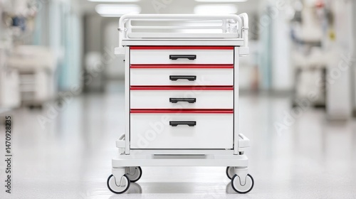 Medical Cart with Drawers in a Hospital Setting on a Clean and Bright Floor for Healthcare Equipment