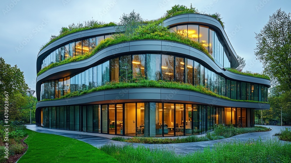 Fototapeta premium Modern, sustainable office building with green roof