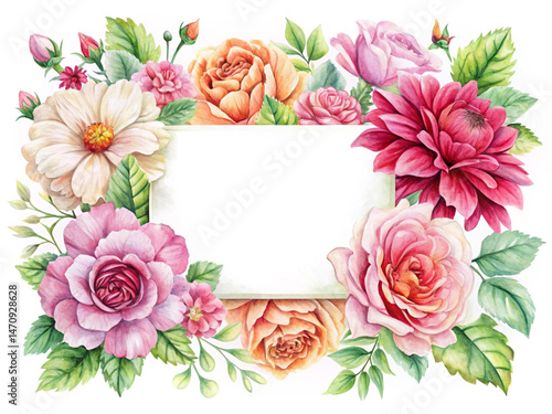 Watercolor floral frame with roses dahlias and leaves surrounding a blank white space