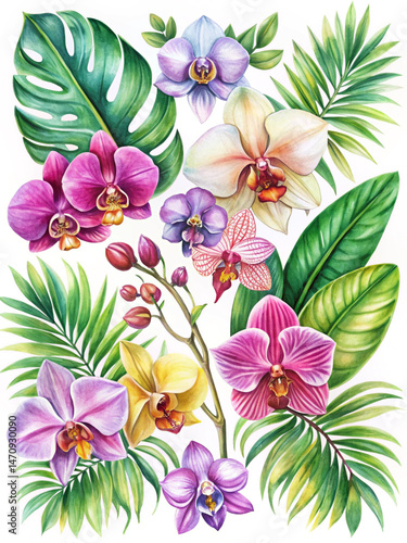 Watercolor painting of assorted orchids and tropical leaves on a white background