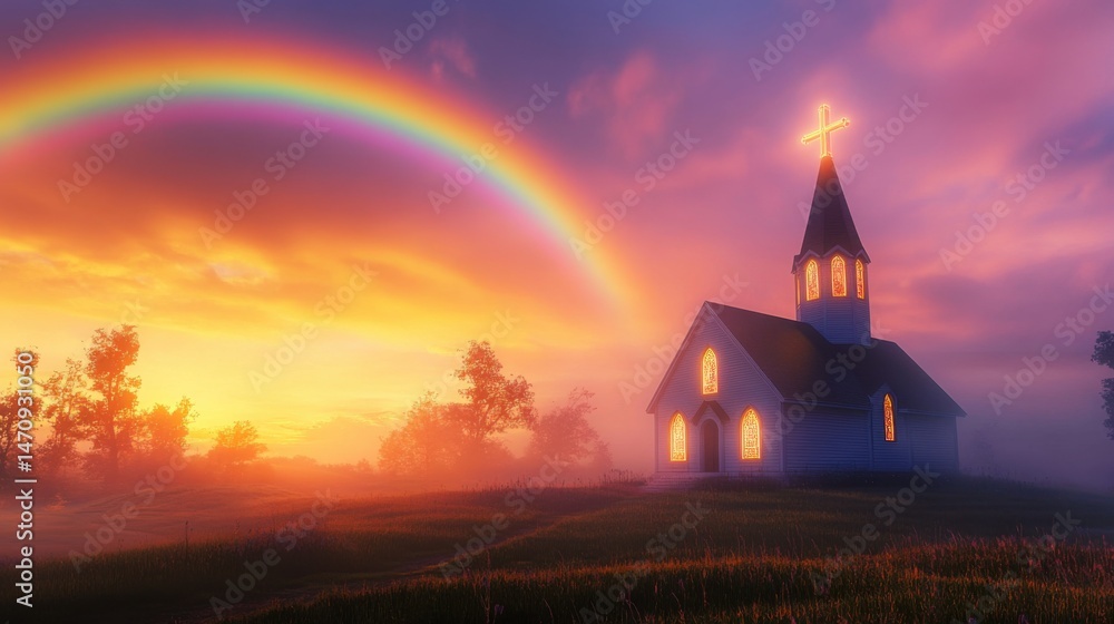 Fototapeta premium Church Building Rainbow Landscape at Sunset