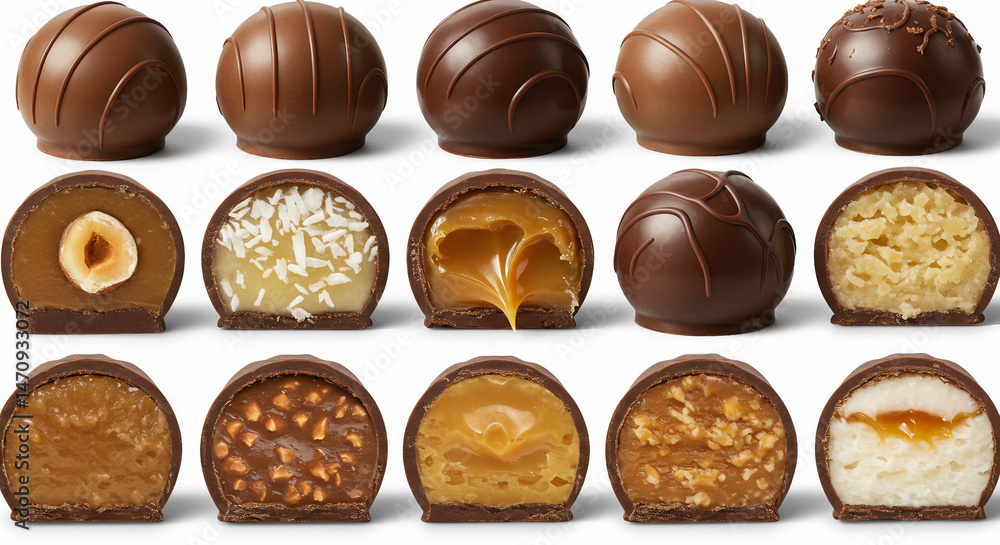Fototapeta premium Assorted filled bonbons cut open to reveal creamy centers on a white background.