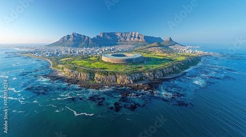 Panoramic view of Cape Town, South Africa, featuring Table Mountain, city, stadium, and coastline