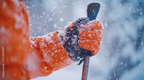 Close-up of skier's hand holding ski pole in snowy mountain