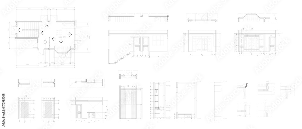 2D Vector Drawing of Hall, Staircase, and Living Area – Architectural Floor Plan 2D Vector Drawing of Hall, Staircase, and Living Area – Architectural Floor Plan