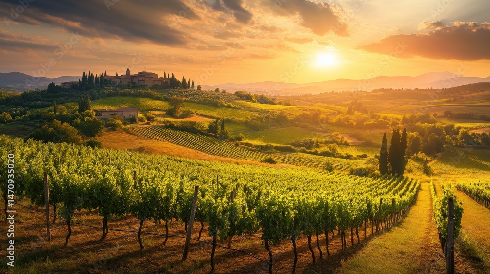 Fototapeta premium Golden hour vineyard landscape with rolling hills and village.