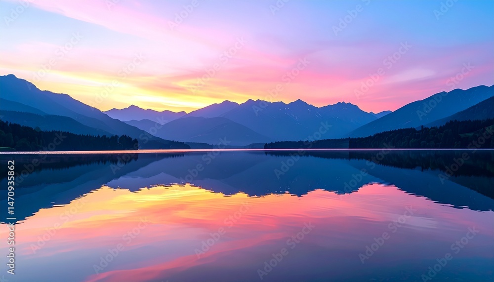 Fototapeta premium 朝焼けの山脈と湖の絶景