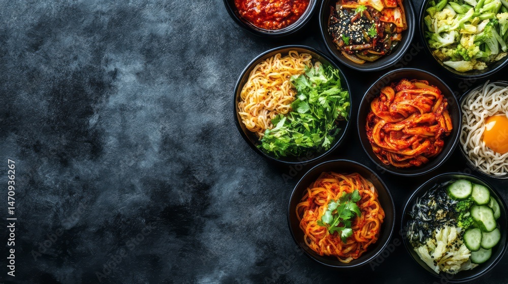 Diverse selection of Asian noodle dishes in small bowls. Diverse selection of Asian noodle dishes in small bowls.