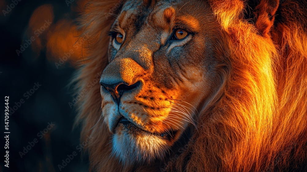 Naklejka premium Majestic lion portrait in golden light