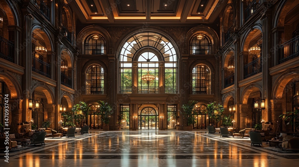 Naklejka premium Luxurious hotel lobby with grand architecture (1)