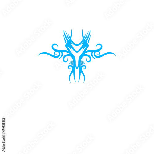 Vibrant blue tribal design featuring intricate patterns and flowing lines against a white background