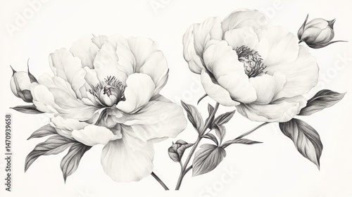 Wallpaper Mural Pencil Drawing of Two Peony Flowers and Three Buds Torontodigital.ca