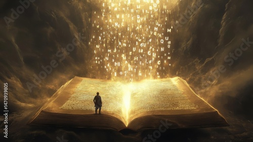 Person on Open Book with Falling Letters