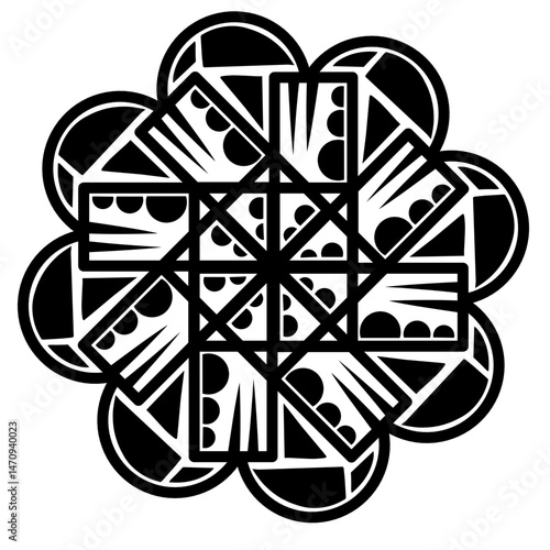 Intricate geometric pattern featuring overlapping shapes and lines in a black and white design