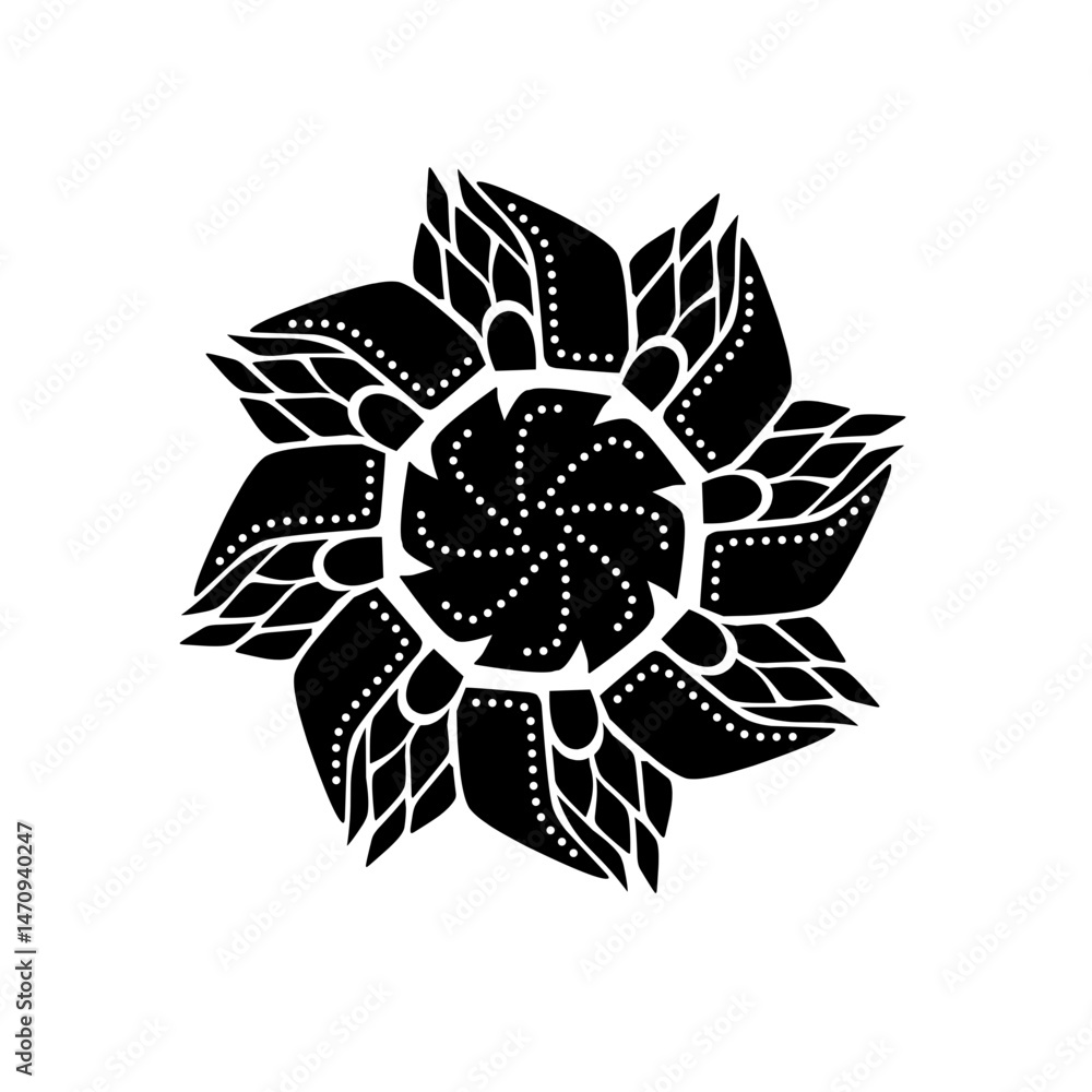 Naklejka premium Intricate black and white floral design featuring spiraled petals and decorative dots on a plain background