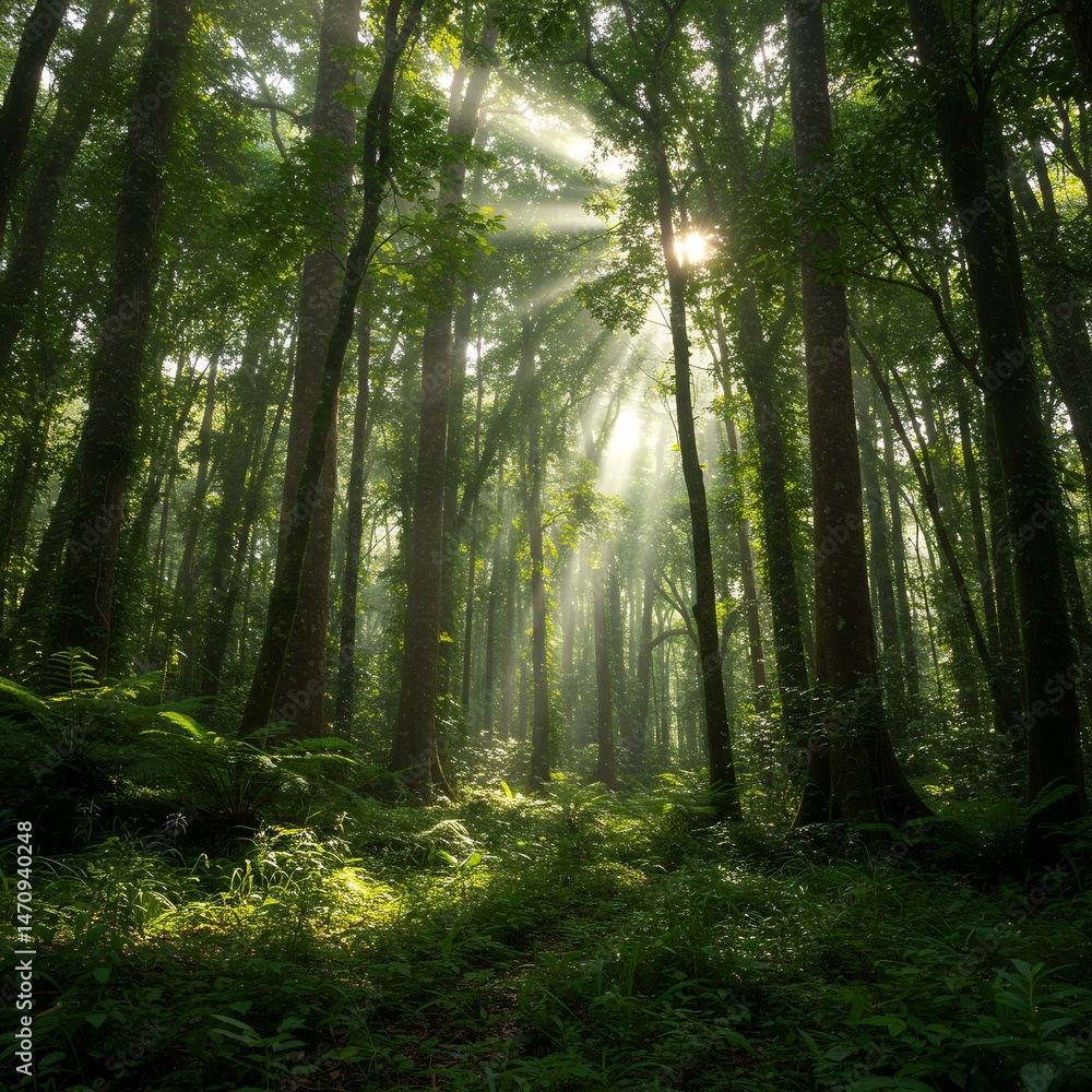 Obraz premium Sunbeams Illuminate Mystical Forest Path