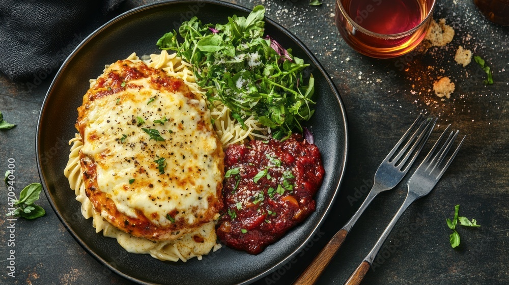 Delicious dish of breaded chicken with pasta and sauce. Delicious dish of breaded chicken with pasta and sauce.